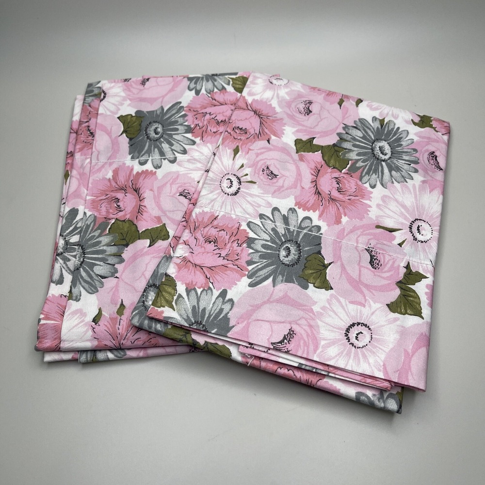 Vintage Burlington Spunwell Pillowcases Standard Cotton Pink Floral Print Pair